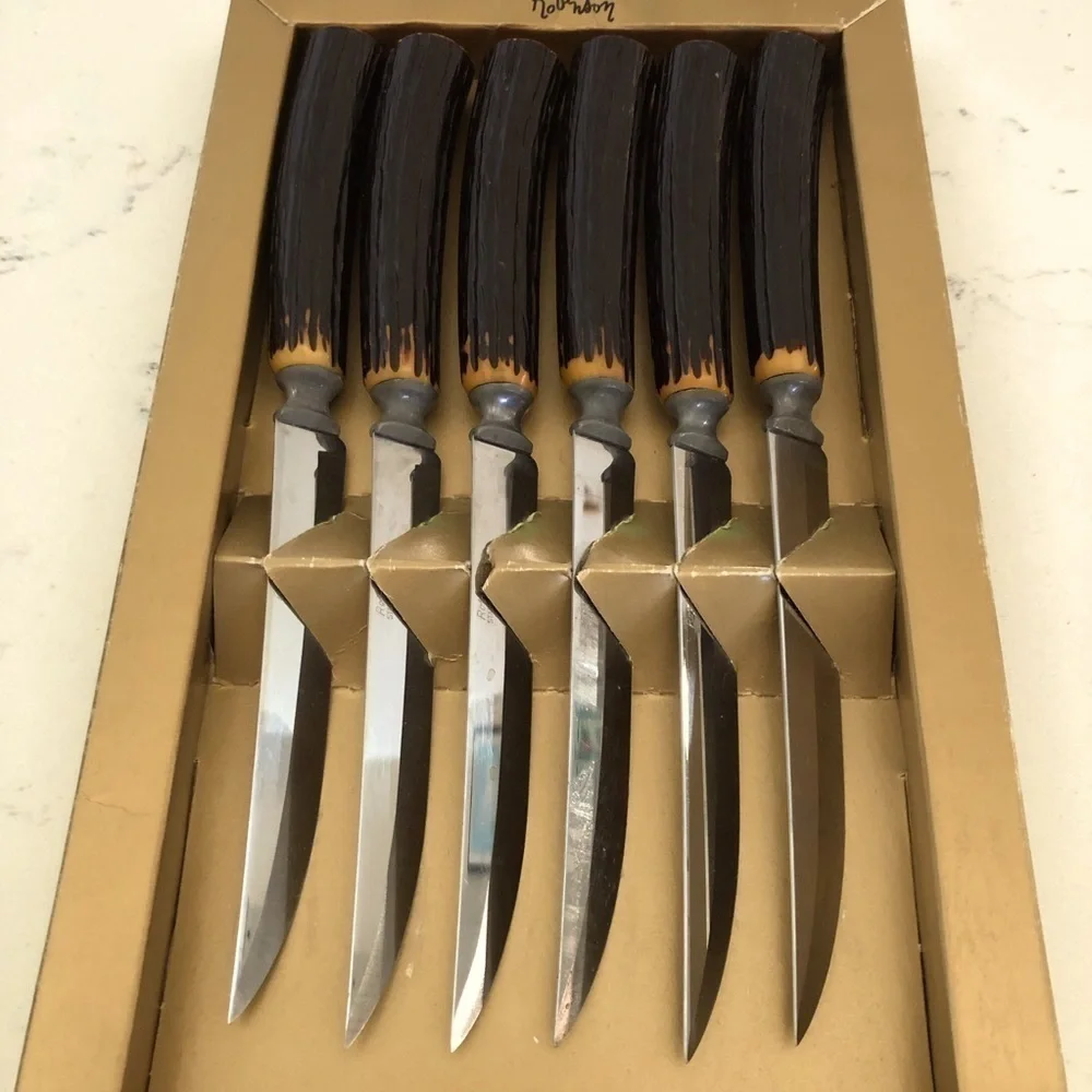 Robinson Steak Knife Set (6) in Original Box VTG-Hollow Antler Style Handles